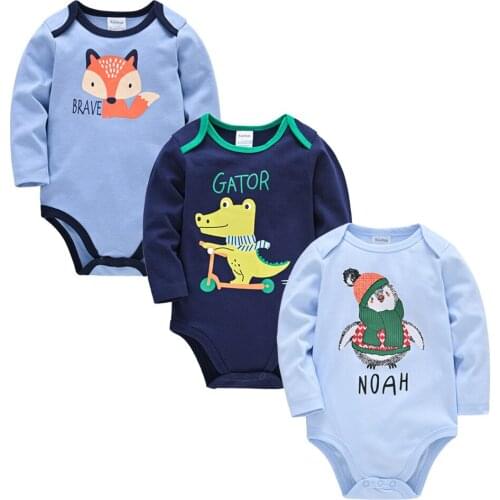 KAVKAS Baby Boy Bodysuit 3 Pcs/Set Cartoon Print 100% Cotton Long Sleeve Autumn Newborn Clothes Infant Jumpsuit