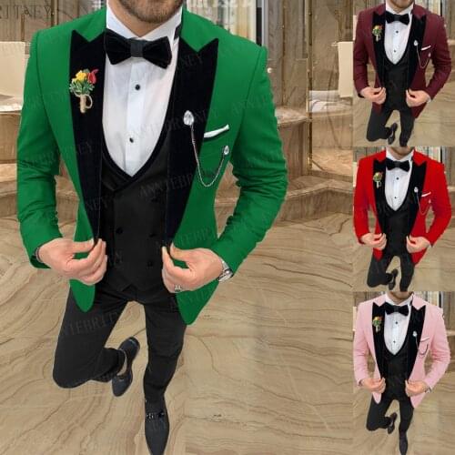 2021 Newest Fashion Green Wedding Groom Suits 3 Pieces Custom Made Slim Fit Business Men Suit Set Pink Jacket Black Vest Pants