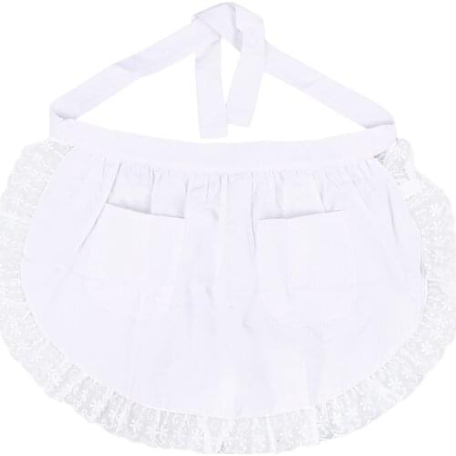Cotton Waist Apron Lace Short Apron with Pockets for Maid Waitress Servant (White)
