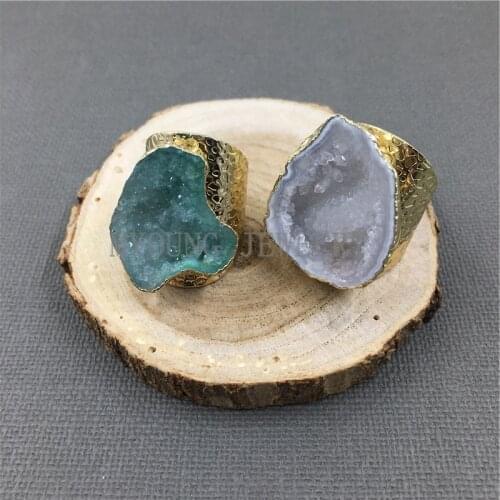 MY1040 Natural Agates Druzy Geode Rings Gold Color Base Rings for women
