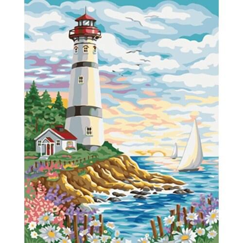 DIY Painting By Numbers Frameless 40x50cm Bay Lighthouse Oil Painting Picture By numbers On Canvas Gouache Painting