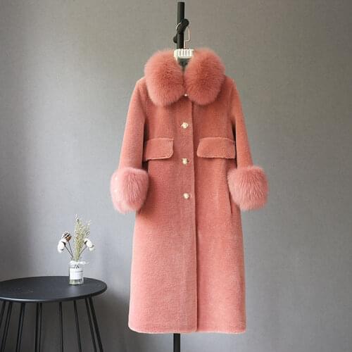 Latest Fashion Winter Warm Real Wool Fur Coat Searling Fur Jacket Lady Fur Parka With Real Fox Fur Collar