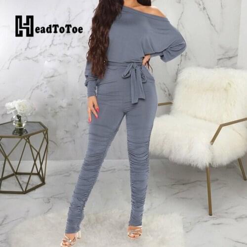Solid Lace Up Casual Elegant Romper Woman Full Sleeve Skew Neck Slim Pencil Jumpsuit Women