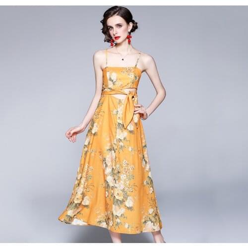 Spaghetti Strap Midi Dress 2021 Summer French Style Hollow out Midriff Outfit Lace-up Design Oil Painting Strap Holioday Dresses