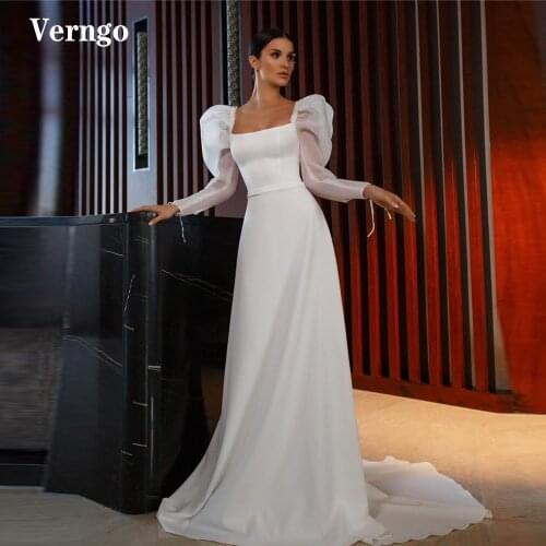 Verngo 2021 Simple Silk Satin A Line Wedding Dress Long Puff Sleeves Square Neck Sweep Train Korea Bride Gowns Custom Made