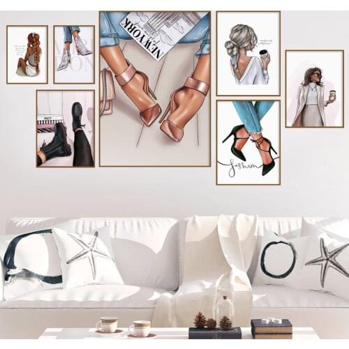 Self-adhesive Wall Stickers Fashion Girl Coffee High Heels Illustration Art Nordic Posters And Prints For Living Room Decor