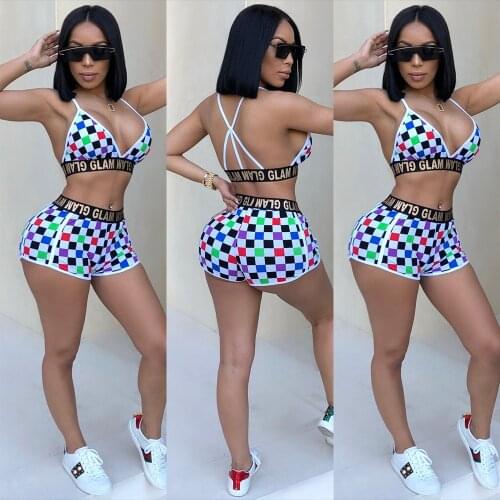 Plaid Sexy Set Frauen Crop Top und Shorts Strand Outfits 2020 Sommer Club Tragen Schachbrett Kurze Sets