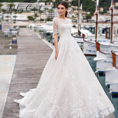 Ashley Carol A Line Wedding Dresses With Jacket 2020 Vestido De Noiva Beach Half Sleeve Appliques Lace Up Button Bridal Gowns