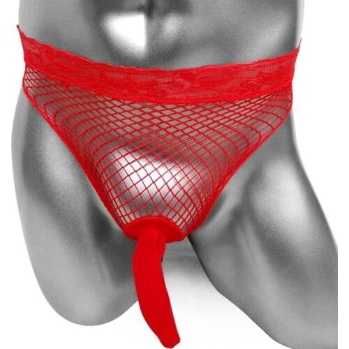 Sissy Panties With Penis Sleeve Thong Lace Waist Sexy Lingerie For Gay Mesh Net Men Underwear See Through Male G String