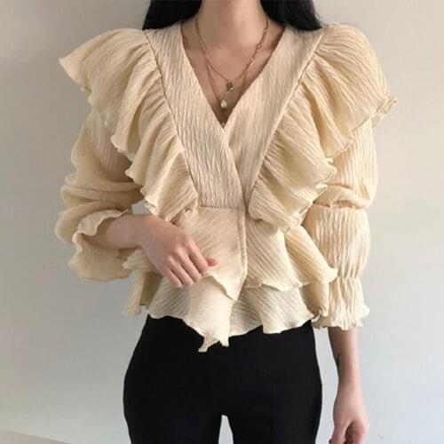 Women Chic Gentle Thin V-neck Ruffles Chiffon Shirts Stitching High-waisted Long Flared Sleeve Blouses Pleated Crop Tops Blusas