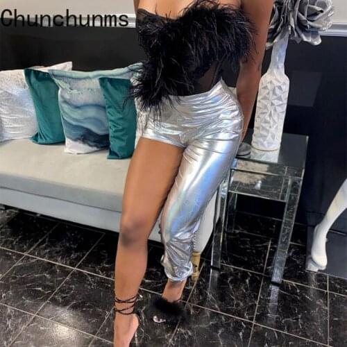 Women Asymmetrical Silver PU Leather Pants Streetwear Fall Fashion Sexy Party Clubwear Festival High Waisted Trousers 2021