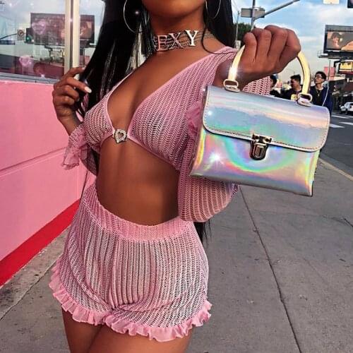 Fashion Pink Chiffon Two 2 Piece Set Lady Long Sleeve Ruffles Crop Top Stretchy Sexy Hot Shorts Outfits Women 2 Pcs Matching Set