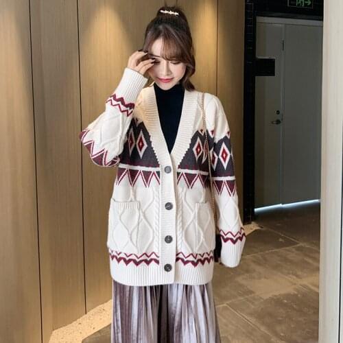 Womens Mid-length Sweater Cardigan V-neck Button Casual Knitted Long Coat Argyle Retro Sweater 2021 Autumn Winter New