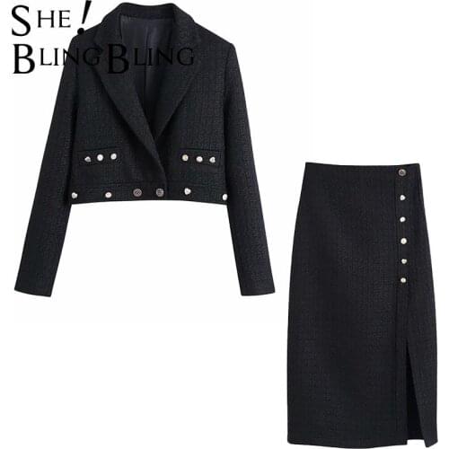 SheBlingBling Za Woman 2021 Casual Traf Outfits Female Autumn Ornate Buttons Tweed Woolen Cropped Jacket + Midi Skirt 2 Pie Sets