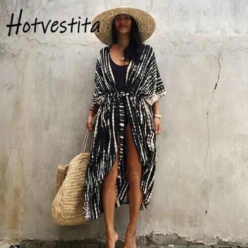 Hotvestita 2021Summer Women Beach Dress Cotton Tie Dye Short Sleeve Girdle Loose Kaftan Beach Coverup Cardigan Bikini Beach Veil