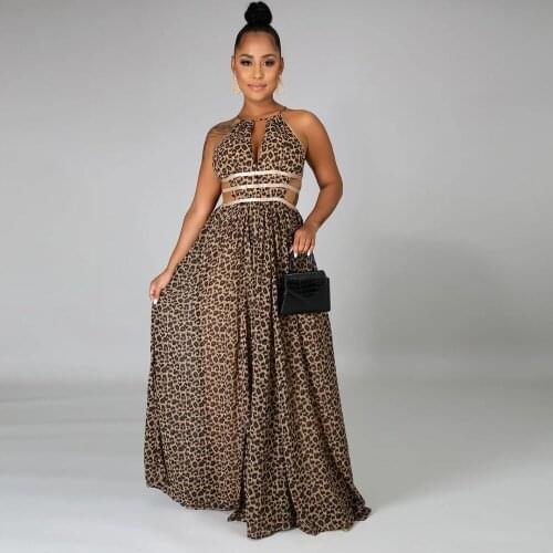 S-3XL Leopard Print Summer Floor Length Dress Women Off Shoulder Backless Bohemian Beach Dress Vintage Waist Band Cut Out Dress