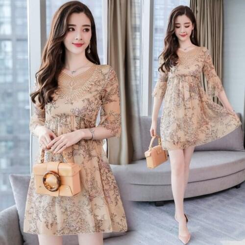 Fashion High Quality 2019 New Summer Women Dress Real Silk Printed Dress Elegant Ladies High Waist Casual Flare Sleeve Dresses