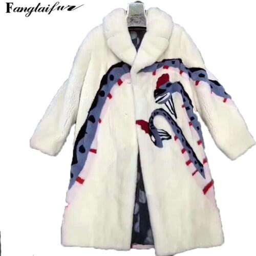 Fang Tai Fur 2019 Winter Women Import Mink Fur Coat Slim Turn-Down Collar Print Mink Coats Womens X-Long Real Mink Fur Coats