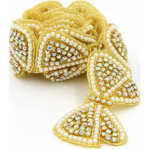 10Yards Bows Shape Handmade Hot Fix Pearls Gold AB Rhinestone Crystal Appliques for Wedding Gown Iron on Belt Headpieces Garters