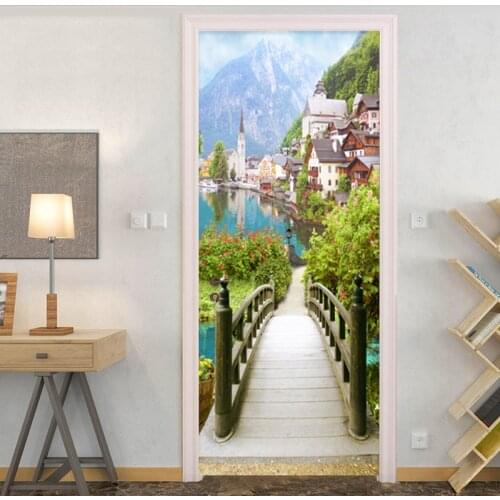3D Nature Landscape Bridge Door Sticker Living Room Bedroom Mural Wallpaper PVC Self-Adhesive Waterproof Home Decor Wall Decals