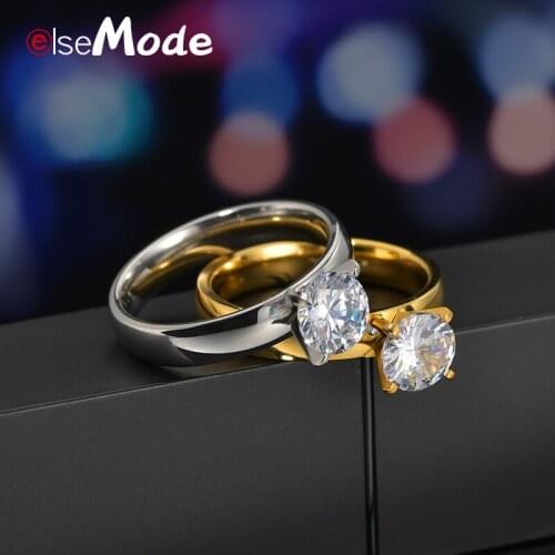 ELSEMODE Bling 6mm Cubic Zirconia Ring Silver Gold Stainless Steel Women Wedding Jewelry For Girlfriend Wife Engagement Gifts