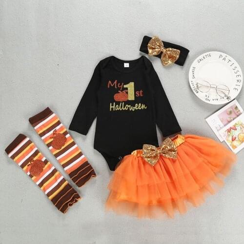 Little Girls Dress Helloween Kids Clothes Set Long Sleeve Baby Bodysuit Romper+Ruffles Tutu Skirt +Headband+Stockings 4 Pices