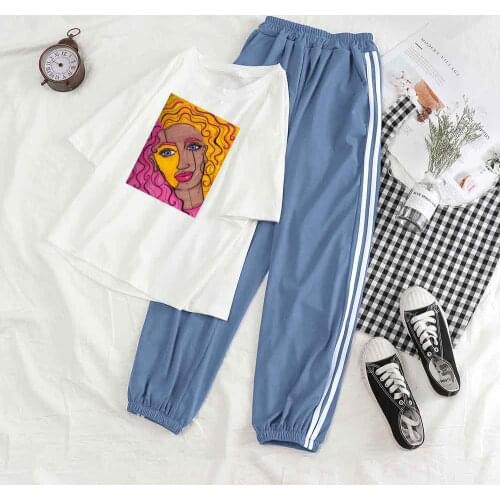 Top and Trousers Set Women Short Sleeve Top Female Crop Tops Long Pants Casual Pants Women Set Street Loose Fashion Girl Suit