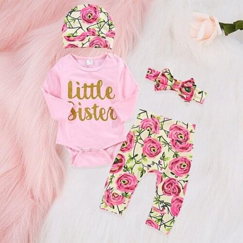 0-24Month Baby Girl Clothing Newborn Kids Baby Girls Outfits Clothes Romper Bodysuit+Rose Print Pants+Headband+Hat Set