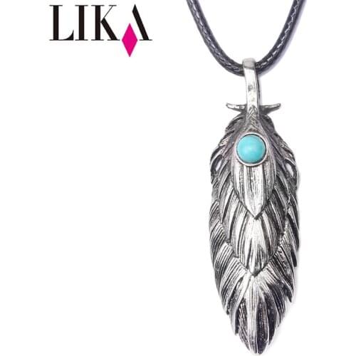 LIKA Vintage Alloy Leaf Pendant Necklace Fashion Womens Jewelry Necklace with Turquoise Stone