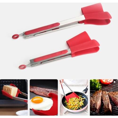 2 in 1 Smart Kitchen Spatula and Tongs Non-Stick Heat Resistant Stainless Steel Frame Silicone Tongs Kitchen Tools Gadget
