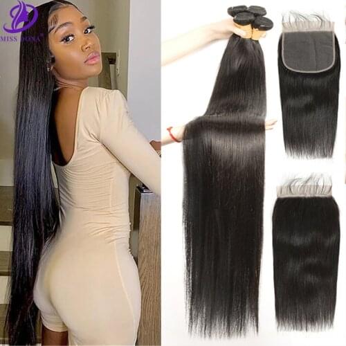 Miss Dona Long Straight Brazilian Virgin Remy Hair 34 36 38 40 Bundles With Closure Human Hair 4x4 Lace For Black Women
