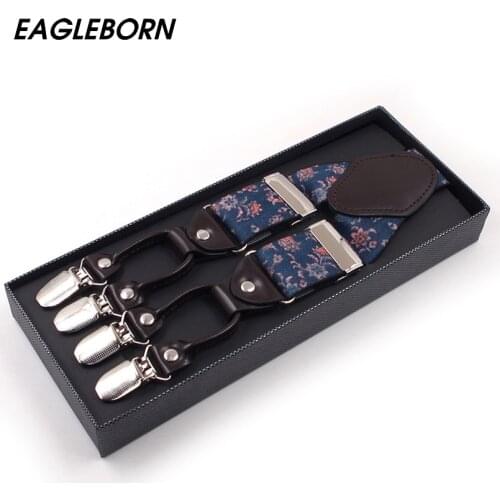 Fashion Gentleman Suspenders Leather Alloy 6 Clips Floral Braces Vintage Casual Suspensorio Trousers Strap Husband Gift 3.5*125