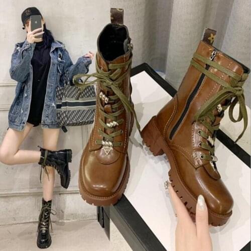 Fashion Autumn Winter Women Mid-Calf Boots Square Toe Side Zipper Motorcycle Boots Plush Flat Platform Bootie