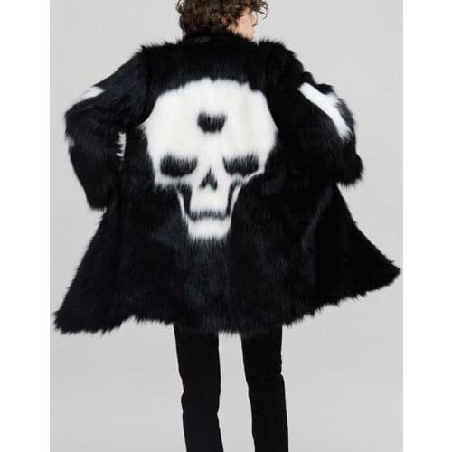 Mens Fur Furry Outwear Skull Pattern Coat Loose Casual Parka Match Colors Black White Coats Thick New 2021