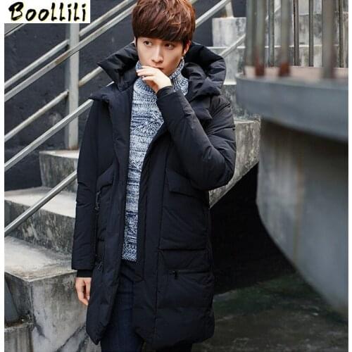 Boollili Mens Winter Coat Warm Grey Duck Down Jacket Middle Long Hooded Men Parka Padded Mens Jackets Casacos Masculino