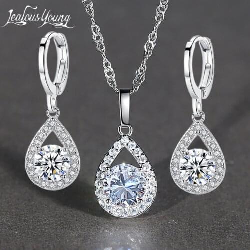 Fashion Round Zircon Wedding Women Jewelry Sets with White Gold Color Crystal Earrings and Necklace Jewelry Set Gift Set
