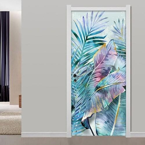 3D Door Sticker Wallpaper Plant Leaves Modern Living Room Bedroom PVC Waterproof Self Adhesive Door Mural Wall Papers Home Decor