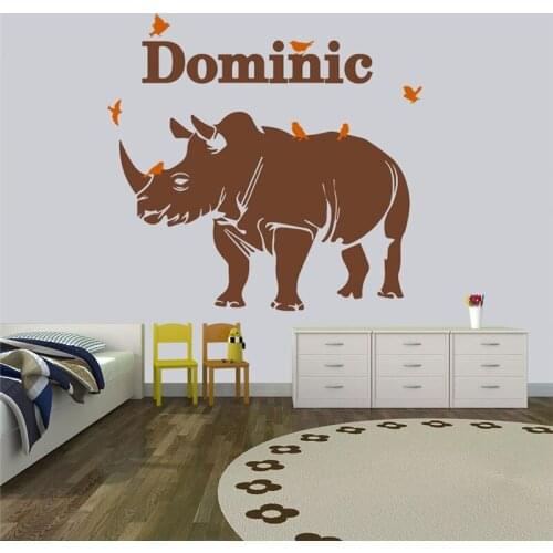 Rhinoceros Wild Name Wall Decal Sticker Custom Name Animal Wall Decor Rhinoceros and Birds Vinyl Wall Decal Sticker WallartHY875
