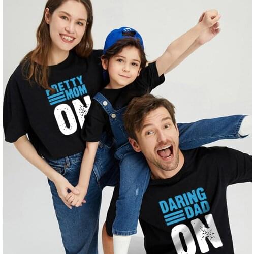 2021 new mom and dad parent-child wear short-sleeved T-shirt creative comfortable white and blue letter print a family of three