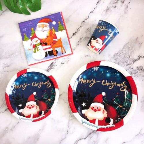 Merry Christmas Party Disposable Tableware Supplies Paper Plates Cups Pennant Dinnerware New Year Holiday Xmas Decoration