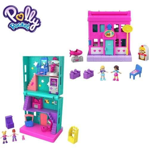 Original Polly Pocket Mini Dolls Pollyville Arcade With 4 Floors 2 Kids Different Accessories Pretend Children Toy GGC29