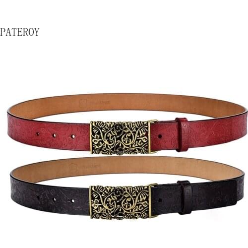 Cowskin Fashion Womens Belts for Women Leather Waist Belt Female Vintage Print Waistband Luxury Designer Brand Pin Buckle
