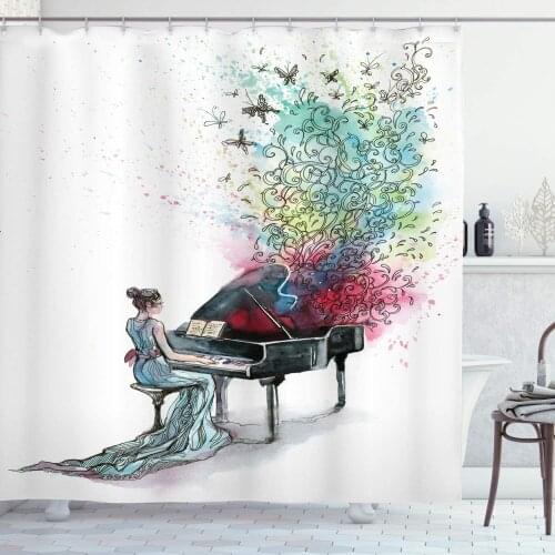 Pink Green Music Shower Curtain Grand Piano Music Musician Butterflies Ornamental Pianist Swirls Vintage Style Bathroom Curtain