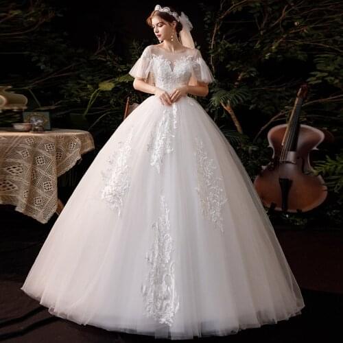 Lace O-Neck Wedding Dress Backless Pleat Short Sleeves Embroidery New Plus Size Wedding Gowns For Women Vestidos De Novia G160