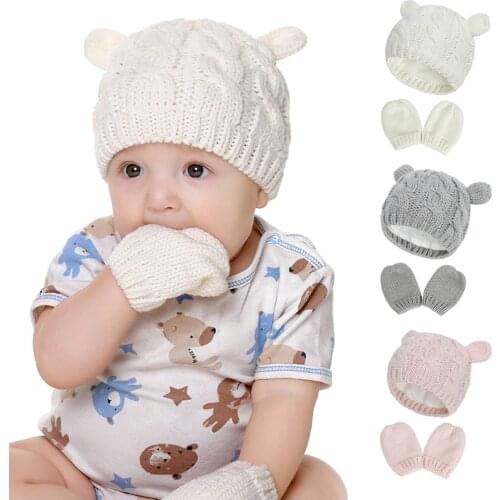 Baby Warm-up Cap and Glove Knitted Crochet Wool Cotton Soft Solid Color Cute Bear Ear 2 PCS for 0-18 Months Infants Birth Gift