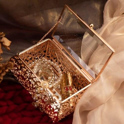 Nordic Hollow Carved Glass Jewelry Storage Box Organizer Makeup Necklace Ring Drawer Sort Out Metal Container Lipstick Holder