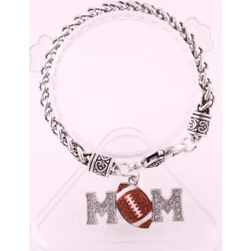 Rhodium plated studded with sparkling crystal MOM FOOTBALL sporty charm bracelet
