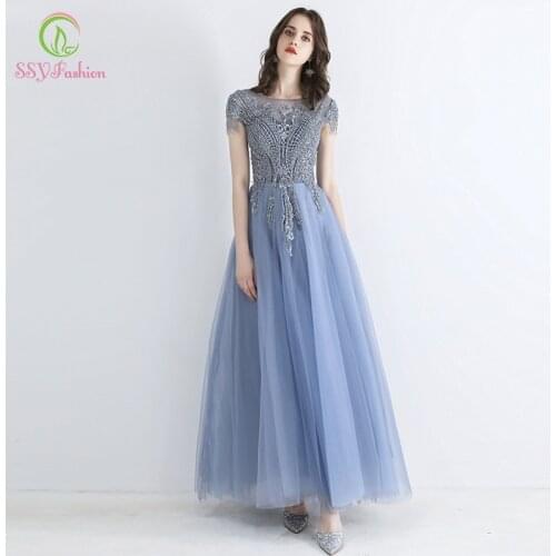 SSYFashion New Evening Dress Banquet Elegant Grey Blue Lace Appliques Beading Floor-length Party Formal Gowns Vestidos De Fiesta