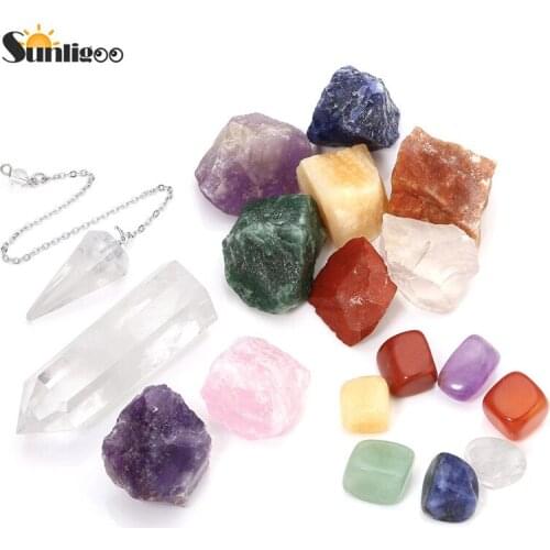 Sunligoo 7 Tumbled Stones Chakra Rough Stones Clear Quartz Pendulum Raw Amethyst Cluster Rose Quartz Crystal Point Reiki Decor
