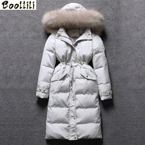 Boollili Warm White Duck Down Jacket Real Raccoon Fur Collar Winter Coat Female Hooded Parka Padded Jackets Abrigo Mujer